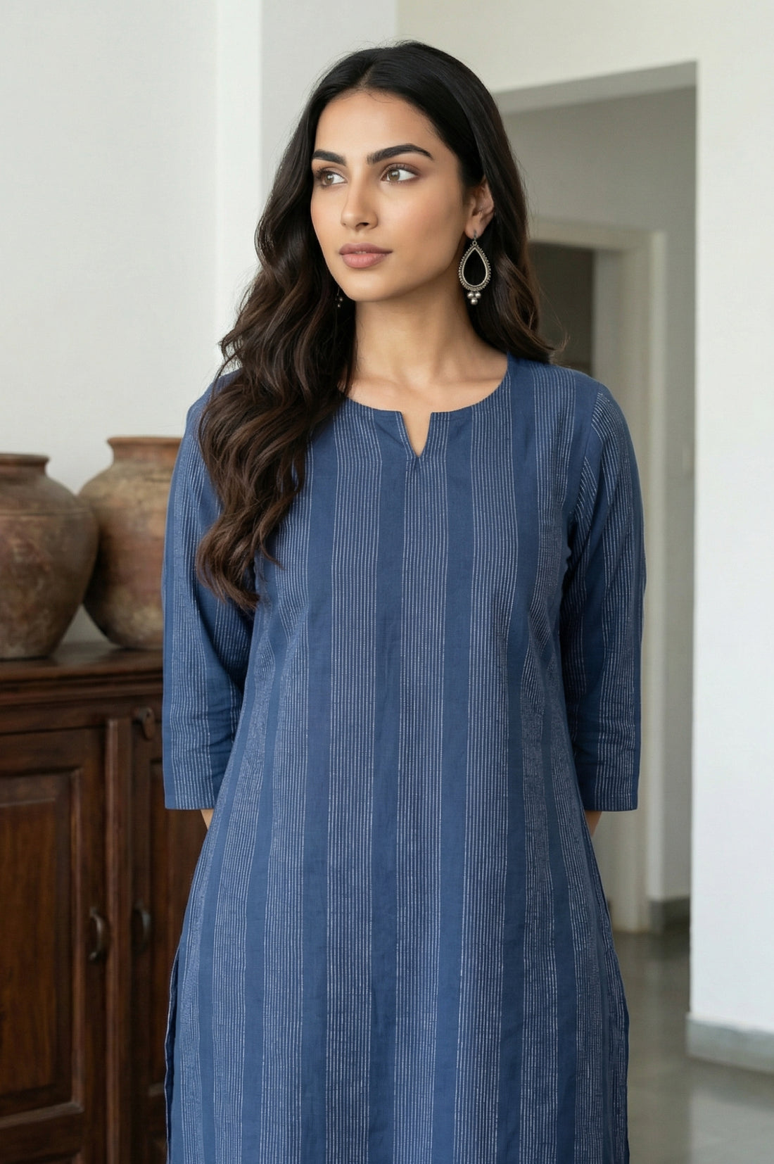 Navy Blue Yarn Dyed Striped Cotton Blend Straight Kurta