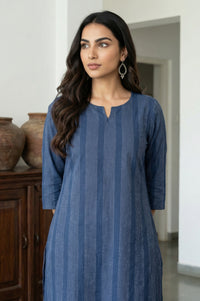Navy Blue Yarn Dyed Striped Cotton Blend Straight Kurta
