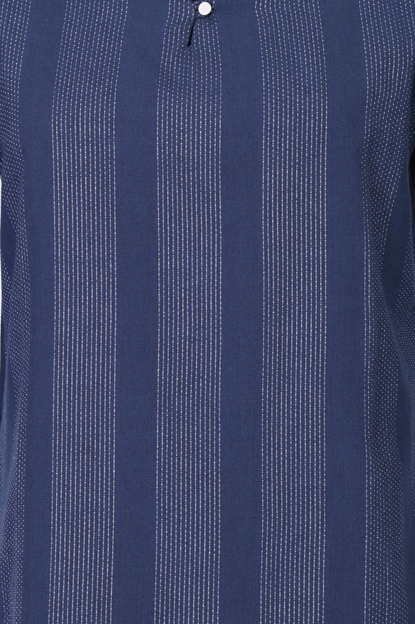 Navy Blue Yarn Dyed Striped Cotton Blend Straight Kurta