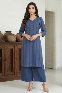 Navy Blue Yarn Dyed Striped Cotton Blend Straight Kurta