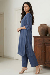 Navy Blue Yarn Dyed Striped Cotton Blend Straight Kurta