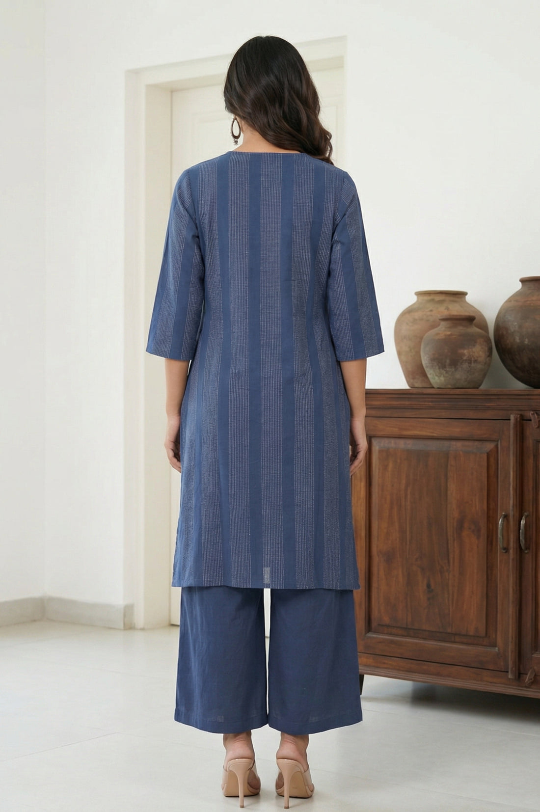 Navy Blue Yarn Dyed Striped Cotton Blend Straight Kurta