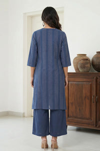 Navy Blue Yarn Dyed Striped Cotton Blend Straight Kurta