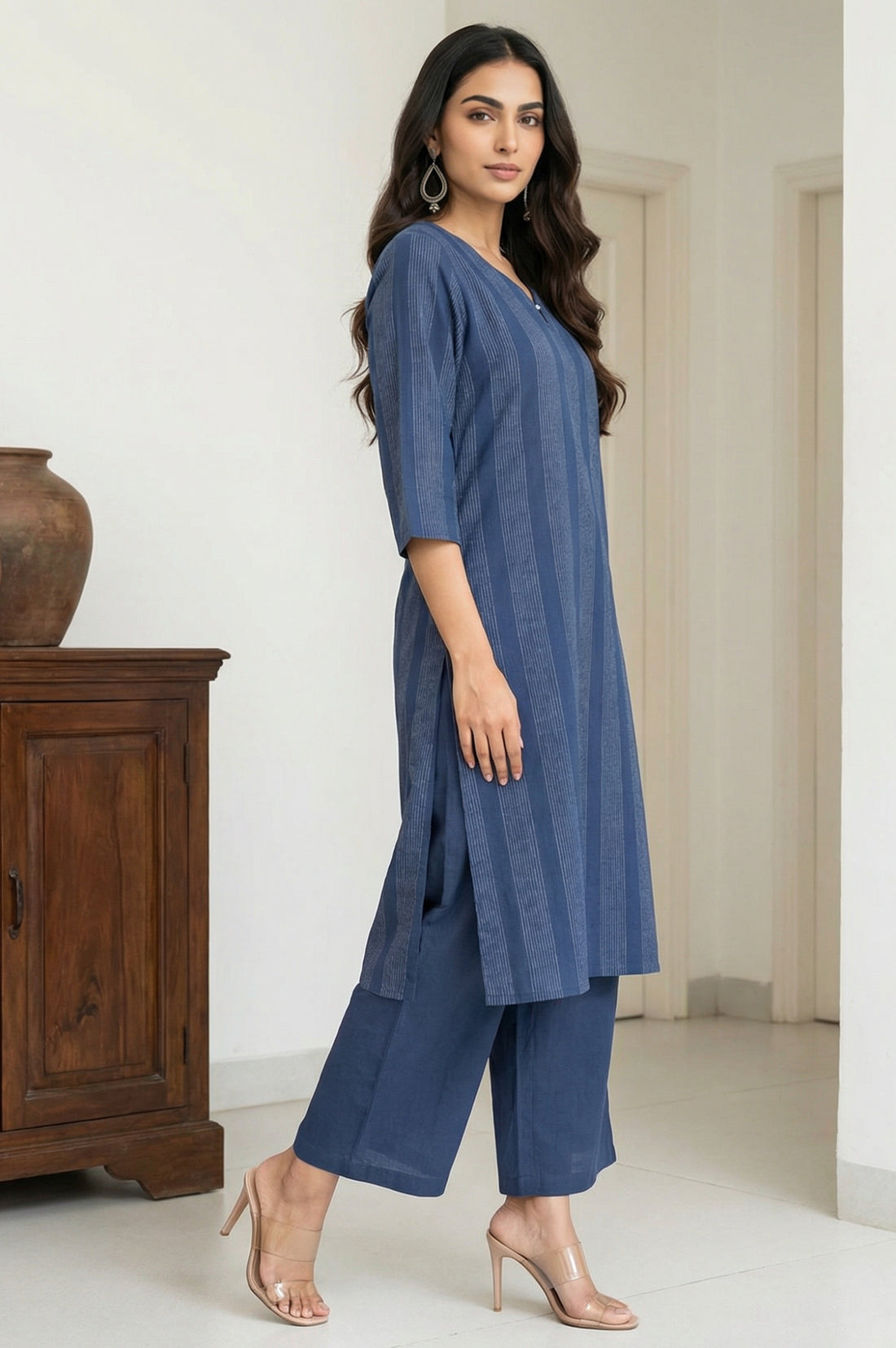 Navy Blue Yarn Dyed Striped Cotton Blend Straight Kurta