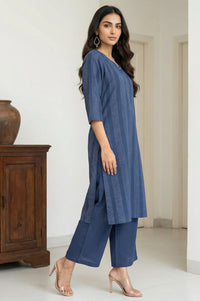 Navy Blue Yarn Dyed Striped Cotton Blend Straight Kurta