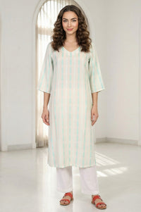 Off White Striped Yarn Dyed Straight Kurta