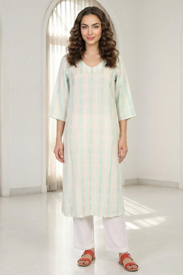 Off White Striped Yarn Dyed Straight Kurta