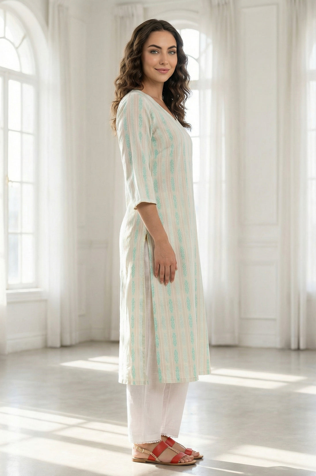 Off White Striped Yarn Dyed Straight Kurta