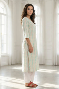 Off White Striped Yarn Dyed Straight Kurta