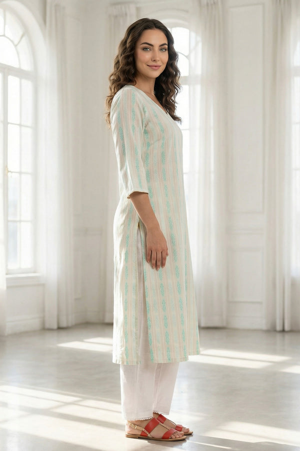 Off White Striped Yarn Dyed Straight Kurta