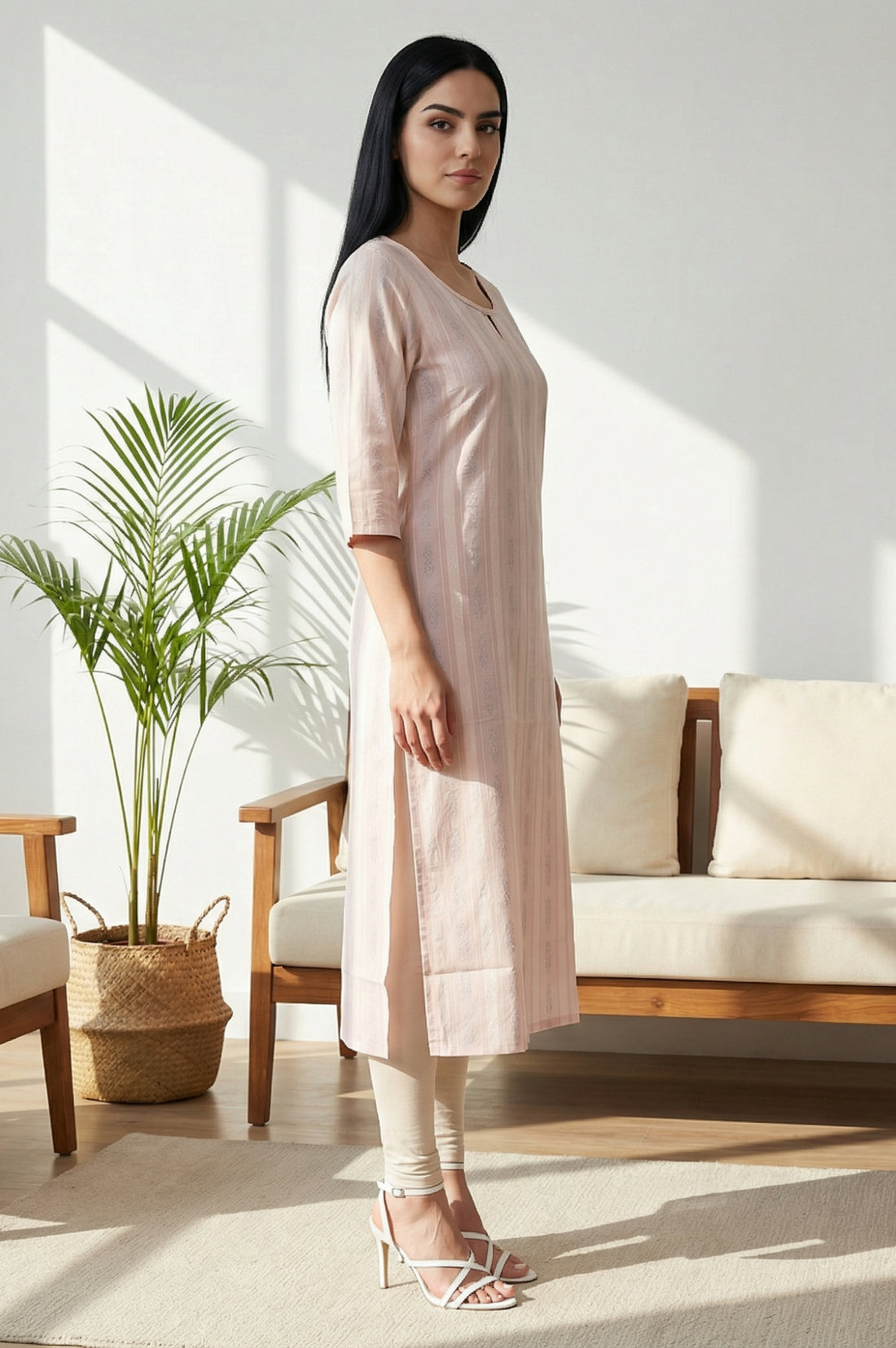 Peach Striped Yarn Dyed Dobby Straight Kurta