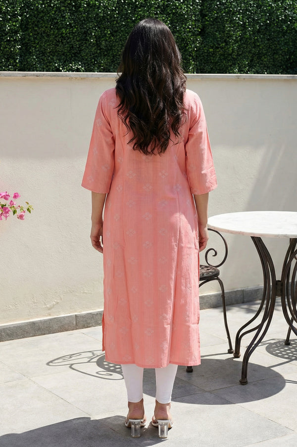 Peach Geometric Printed Cotton Blend Straight Kurta with Lace