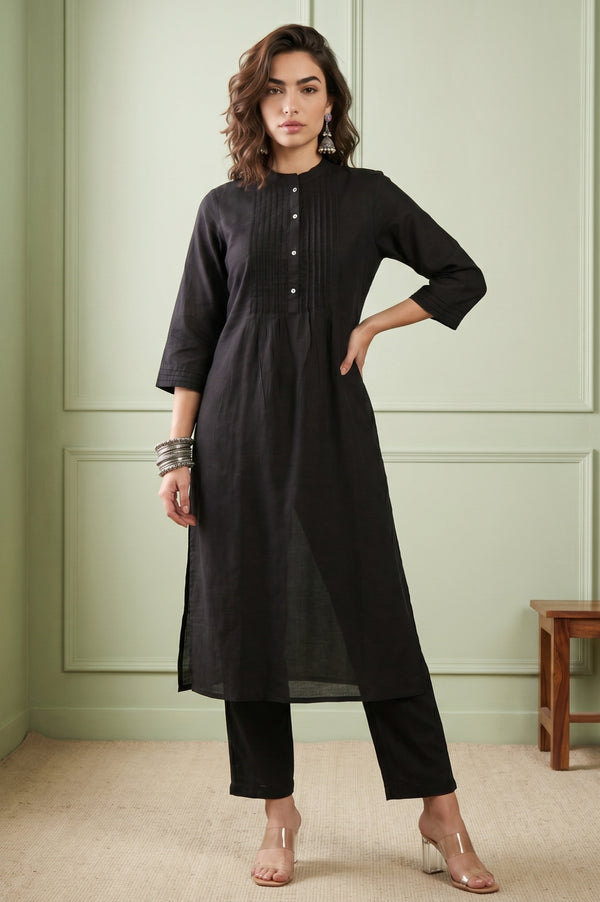Black Solid Lyocell Linen Blend Straight Kurta