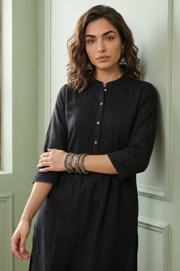 Black Solid Lyocell Linen Blend Straight Kurta