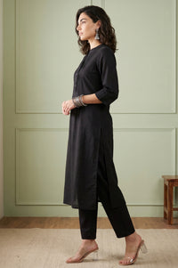 Black Solid Lyocell Linen Blend Straight Kurta