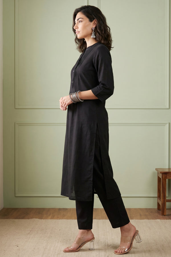 Black Solid Lyocell Linen Blend Straight Kurta