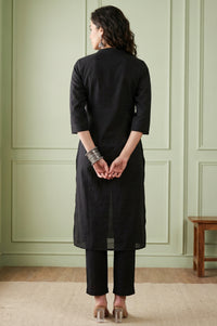 Black Solid Lyocell Linen Blend Straight Kurta