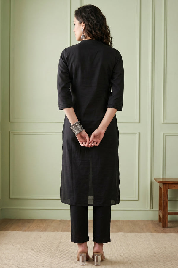 Black Solid Lyocell Linen Blend Straight Kurta