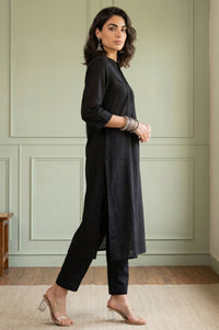 Black Solid Lyocell Linen Blend Straight Kurta