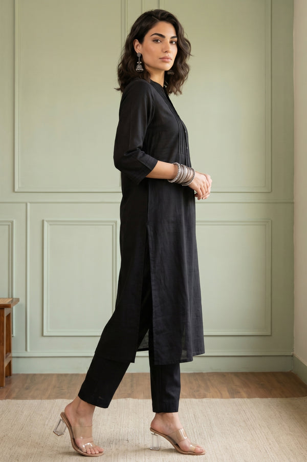 Black Solid Lyocell Linen Blend Straight Kurta