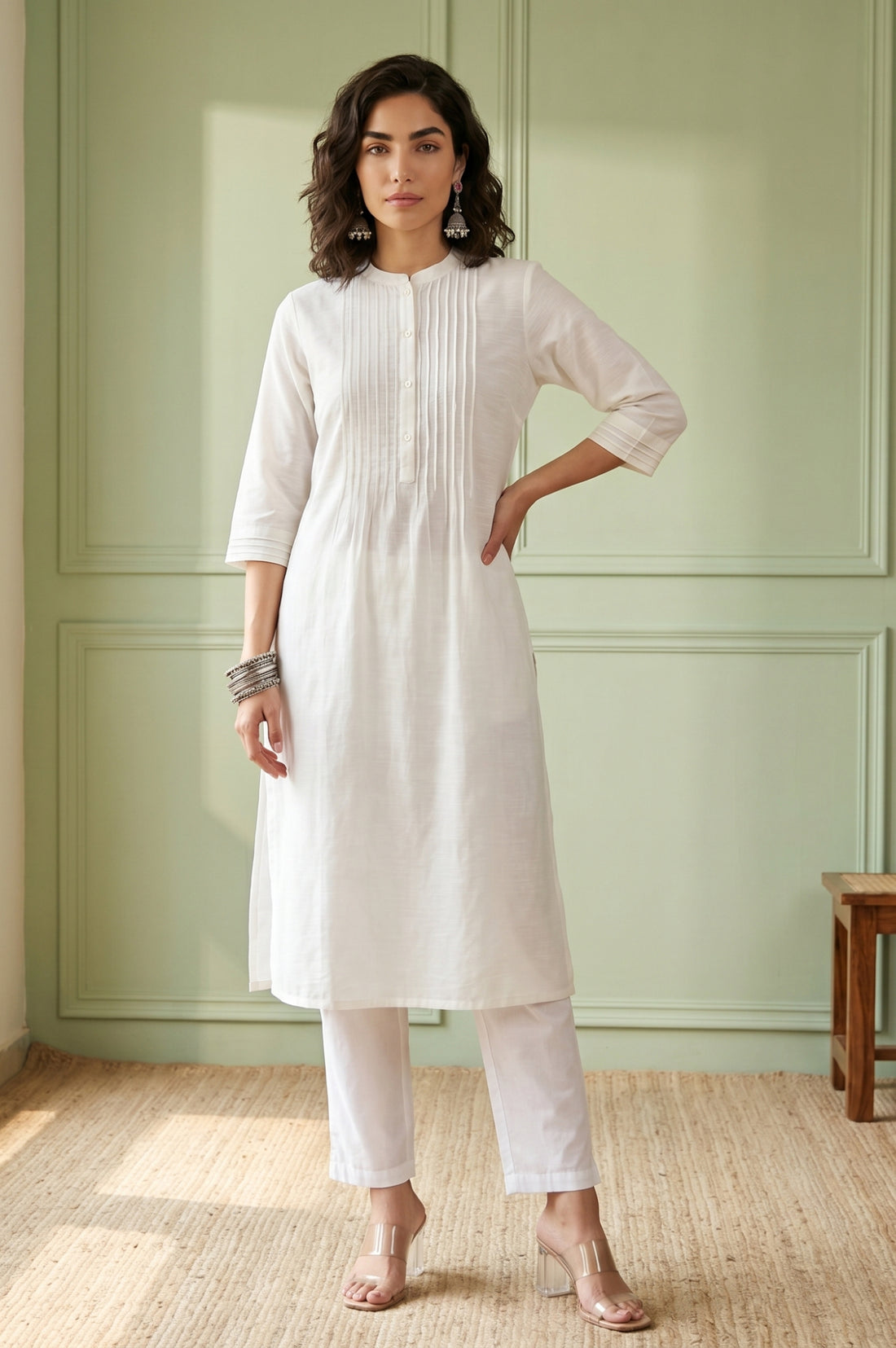White Solid Lyocell Linen Blend Straight Kurta