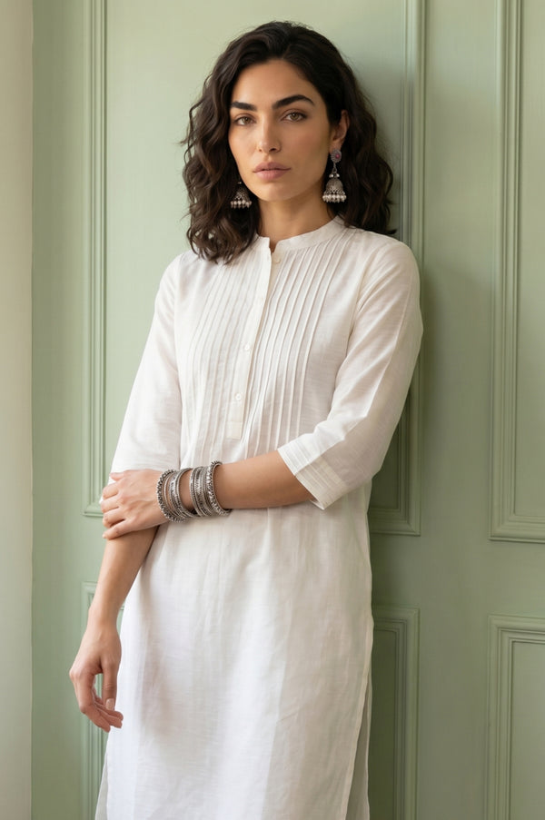 White Solid Lyocell Linen Blend Straight Kurta