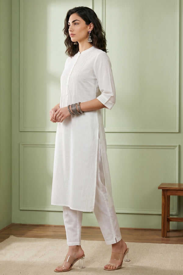 White Solid Lyocell Linen Blend Straight Kurta