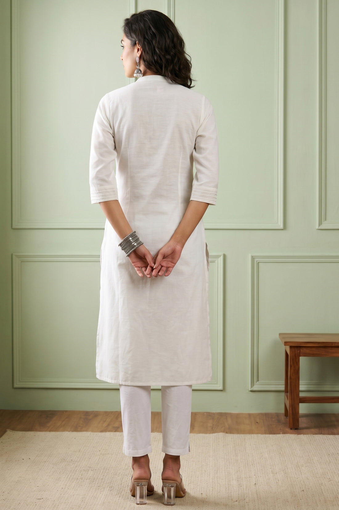 White Solid Lyocell Linen Blend Straight Kurta