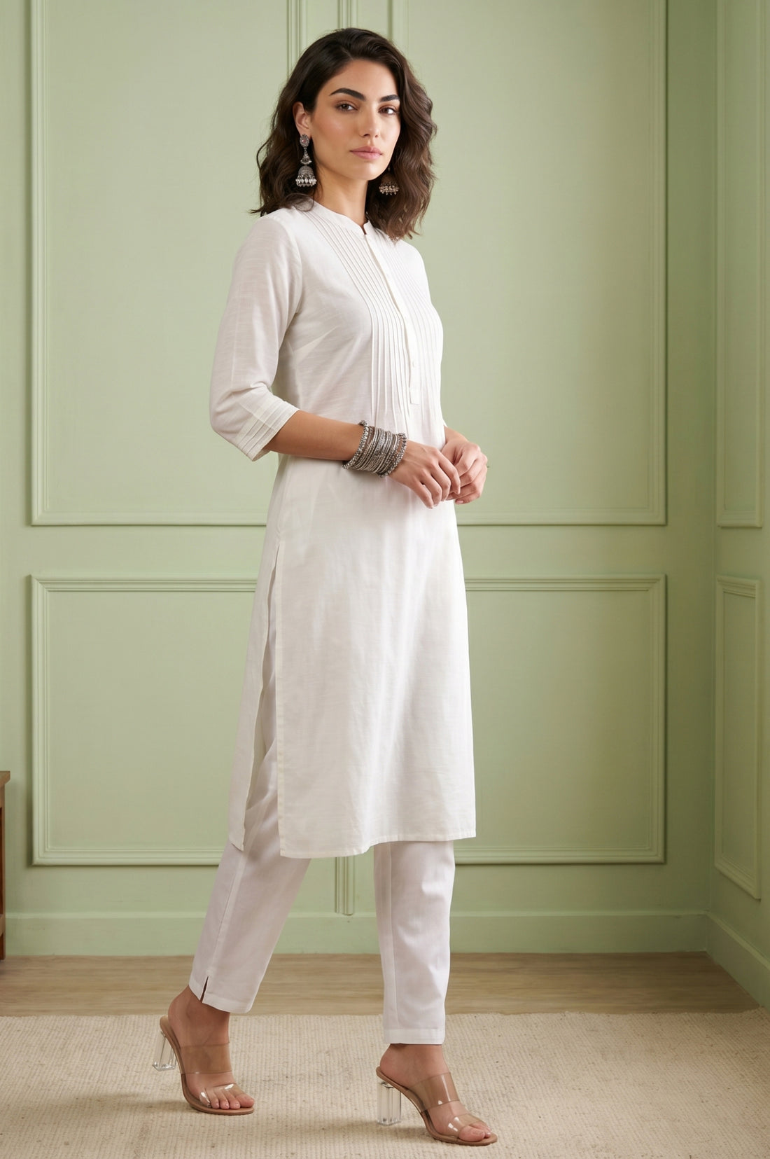 White Solid Lyocell Linen Blend Straight Kurta
