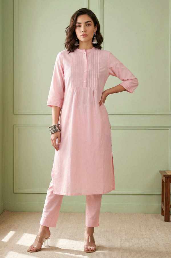 Pastel Pink Solid Lyocell Linen Blend Straight Kurta