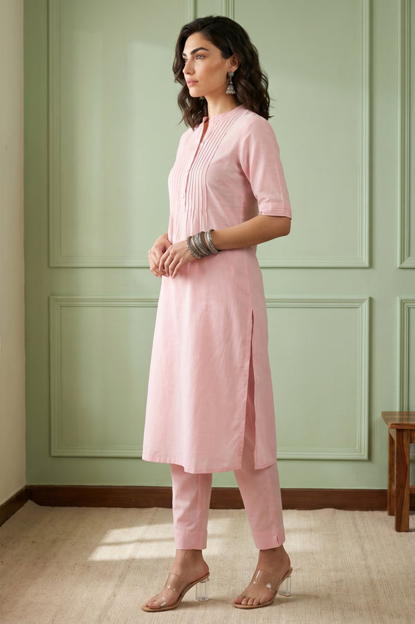 Pastel Pink Solid Lyocell Linen Blend Straight Kurta