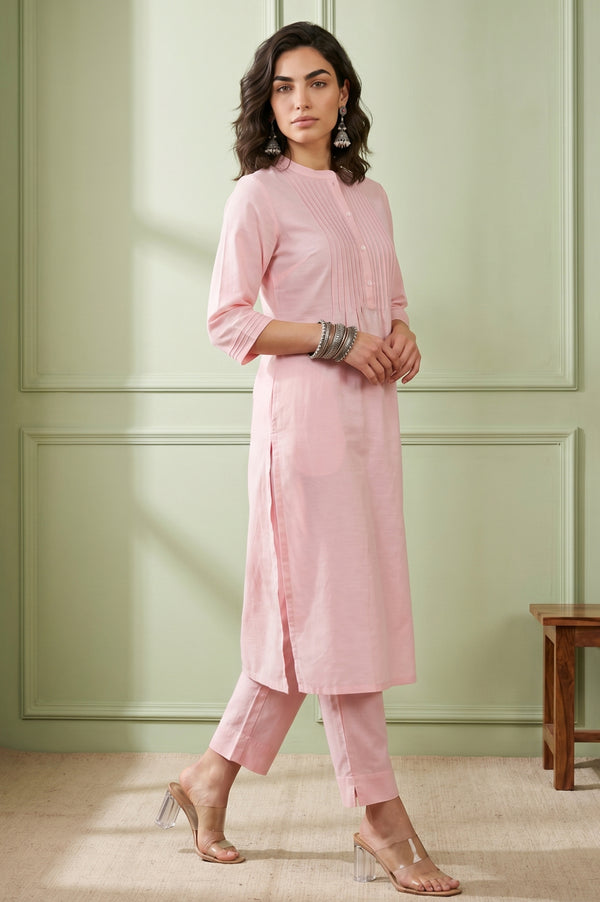 Pastel Pink Solid Lyocell Linen Blend Straight Kurta