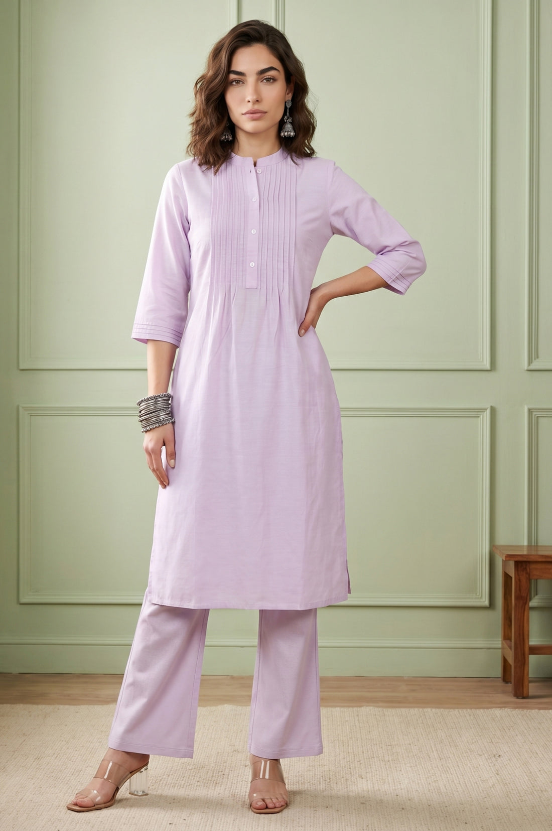 Lavender Solid Lyocell Linen Blend Straight Kurta