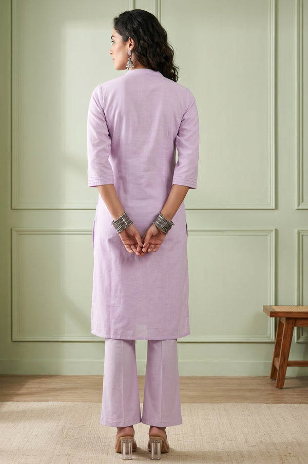 Lavender Solid Lyocell Linen Blend Straight Kurta