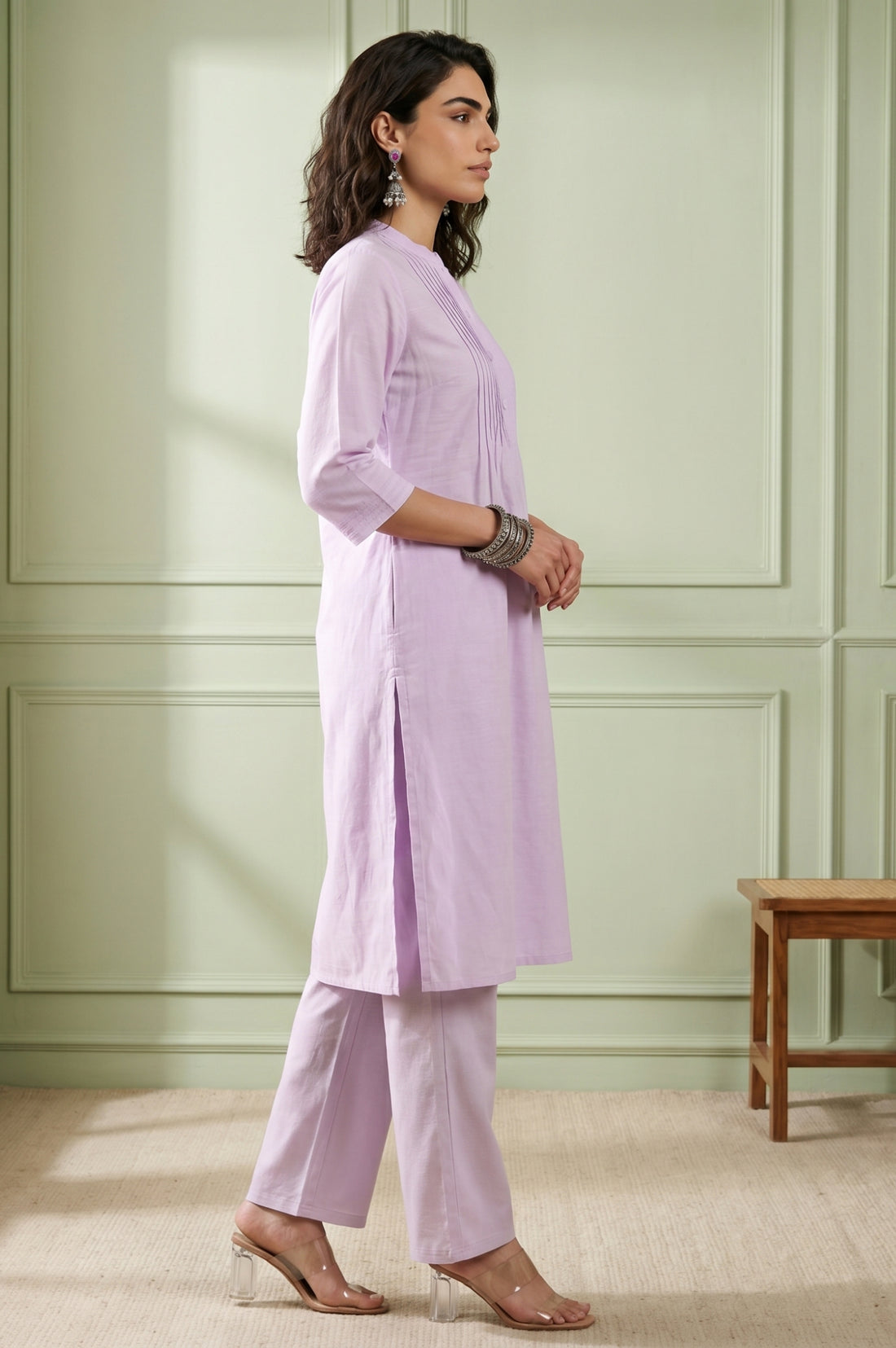 Lavender Solid Lyocell Linen Blend Straight Kurta