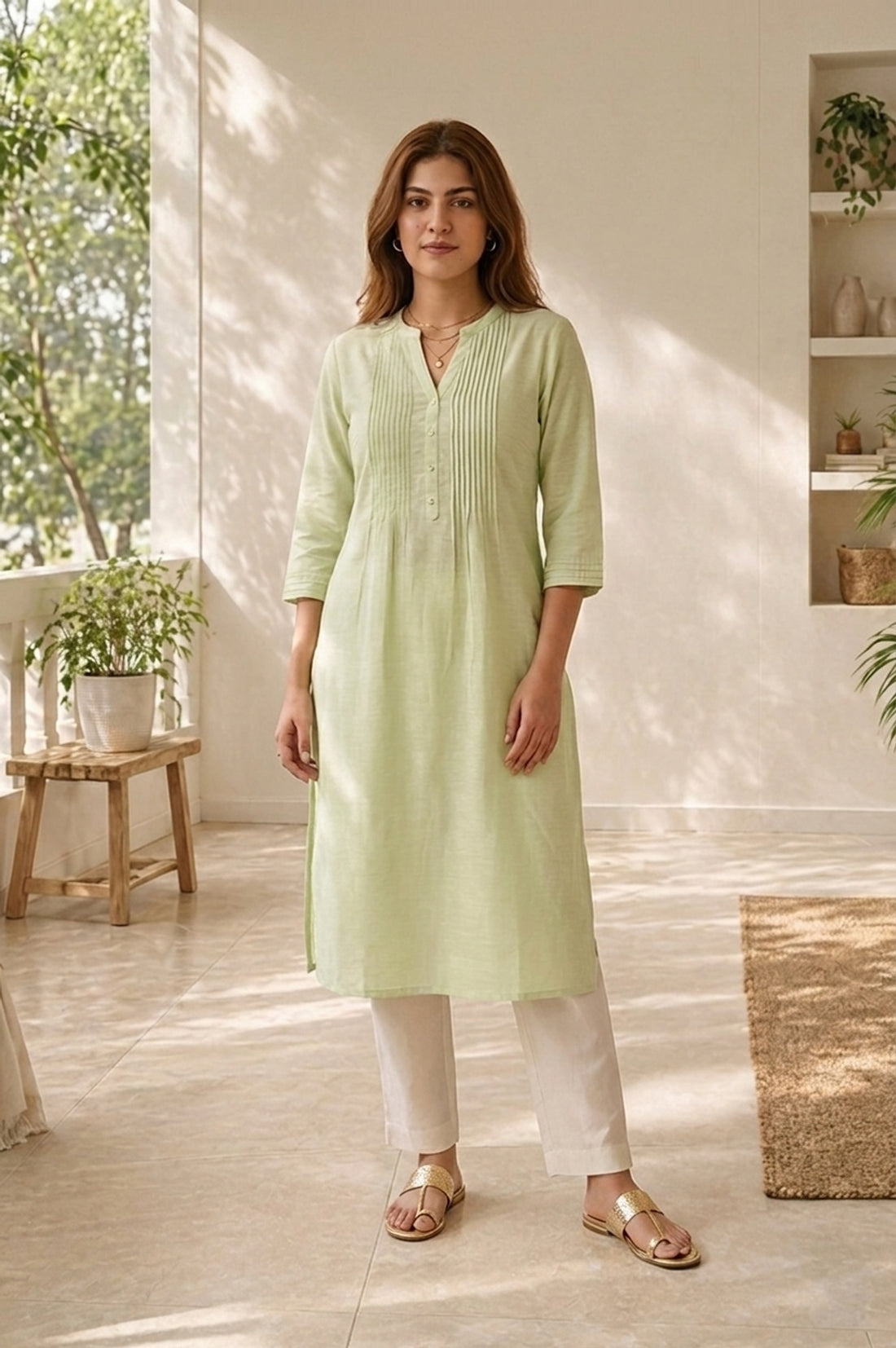 Sea Green Solid Linen Blend Straight Kurta