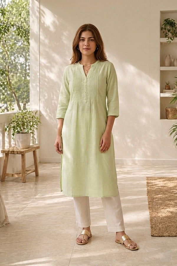 Sea Green Solid Linen Blend Straight Kurta