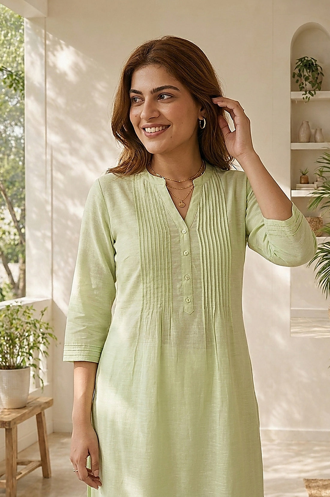 Sea Green Solid Linen Blend Straight Kurta