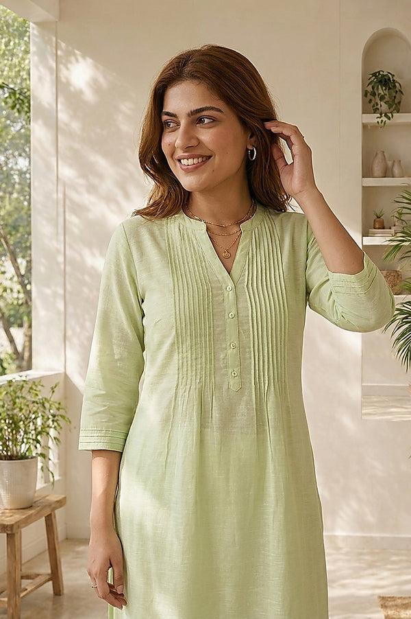 Sea Green Solid Linen Blend Straight Kurta