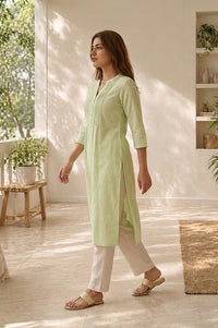 Sea Green Solid Linen Blend Straight Kurta