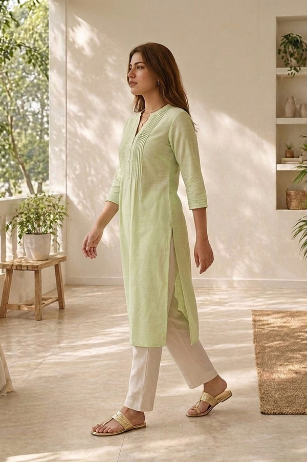 Sea Green Solid Linen Blend Straight Kurta
