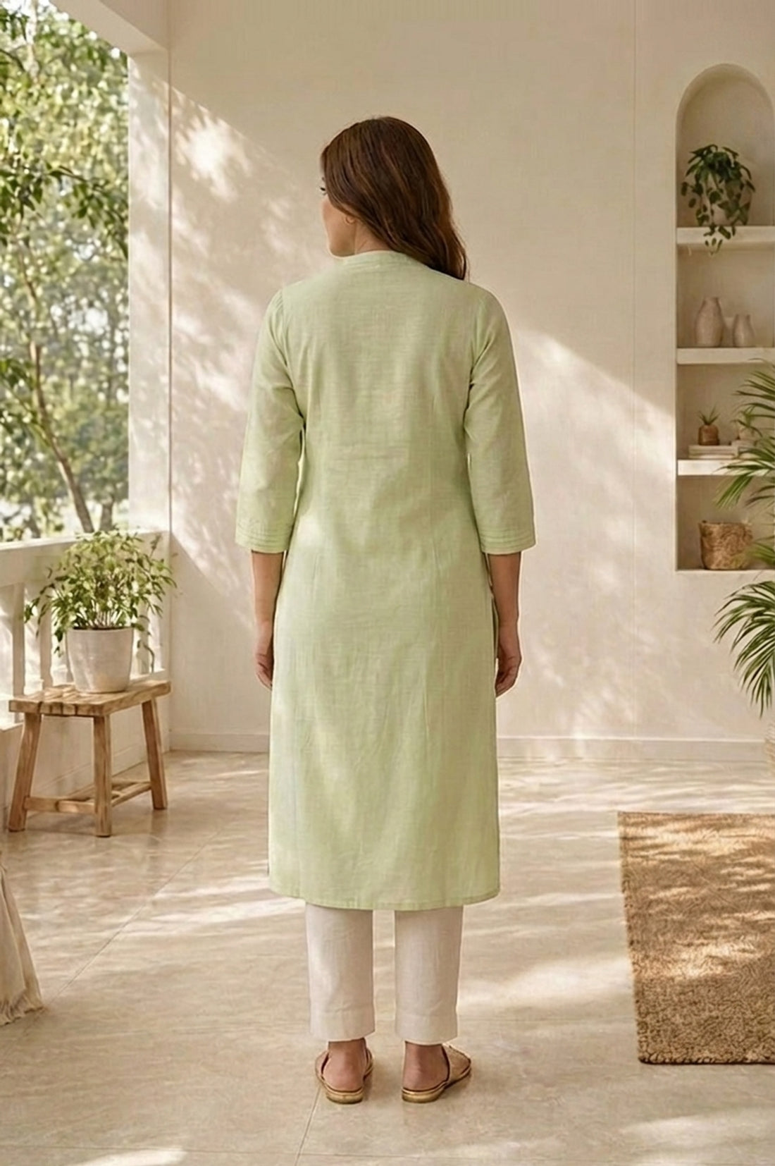 Sea Green Solid Linen Blend Straight Kurta