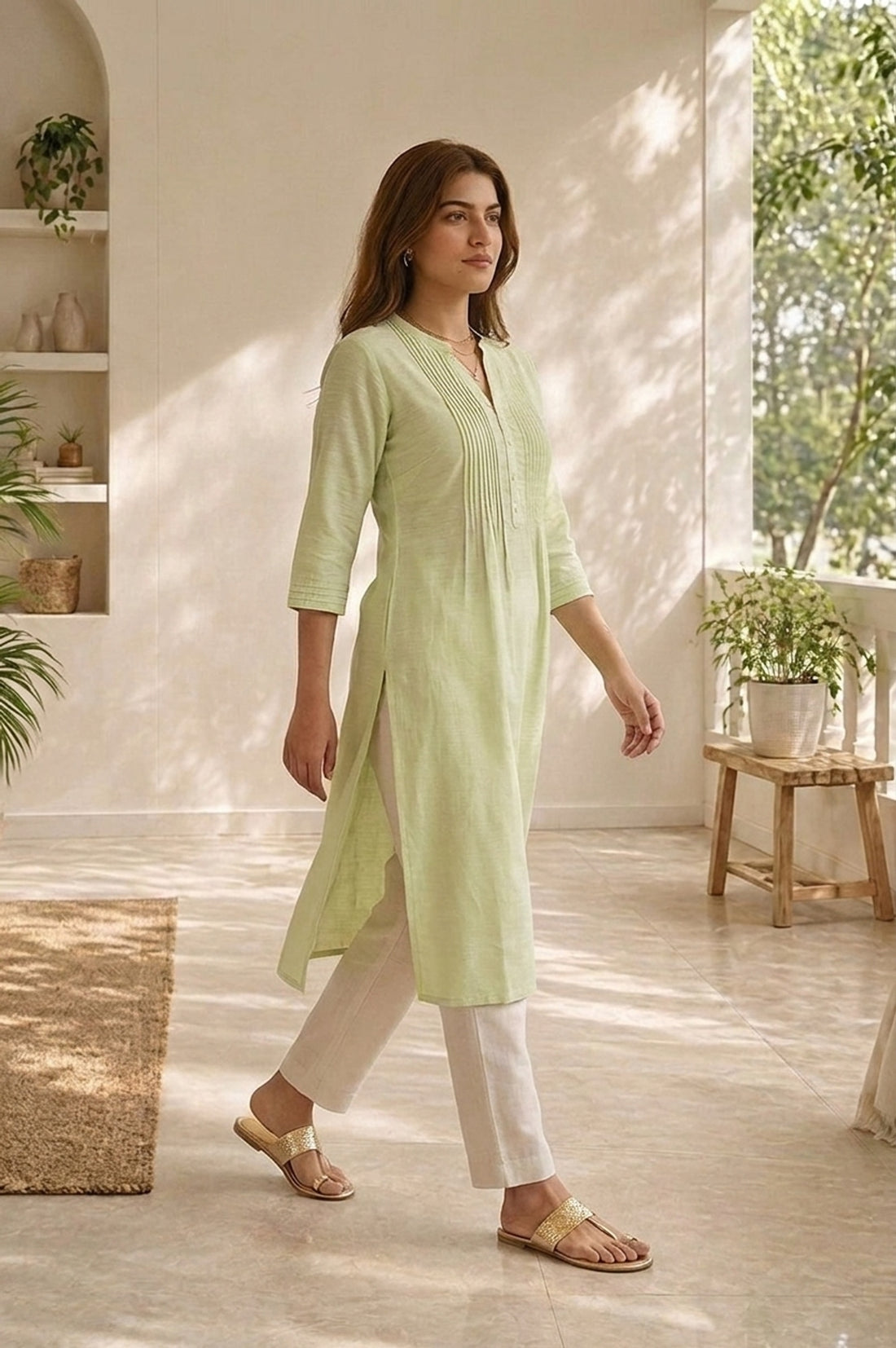 Sea Green Solid Linen Blend Straight Kurta