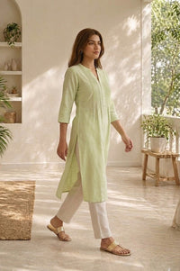 Sea Green Solid Linen Blend Straight Kurta