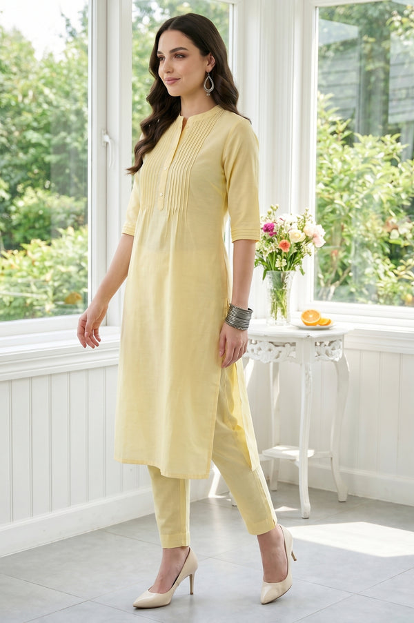 Light Yellow Solid Lyocell Linen Blend Straight Kurta