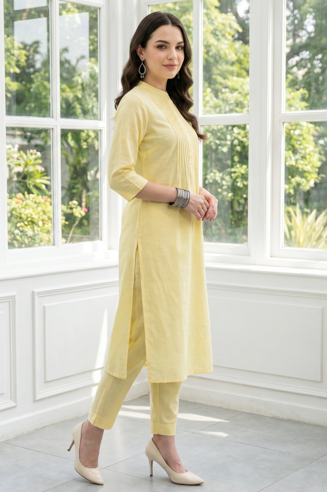 Light Yellow Solid Lyocell Linen Blend Straight Kurta