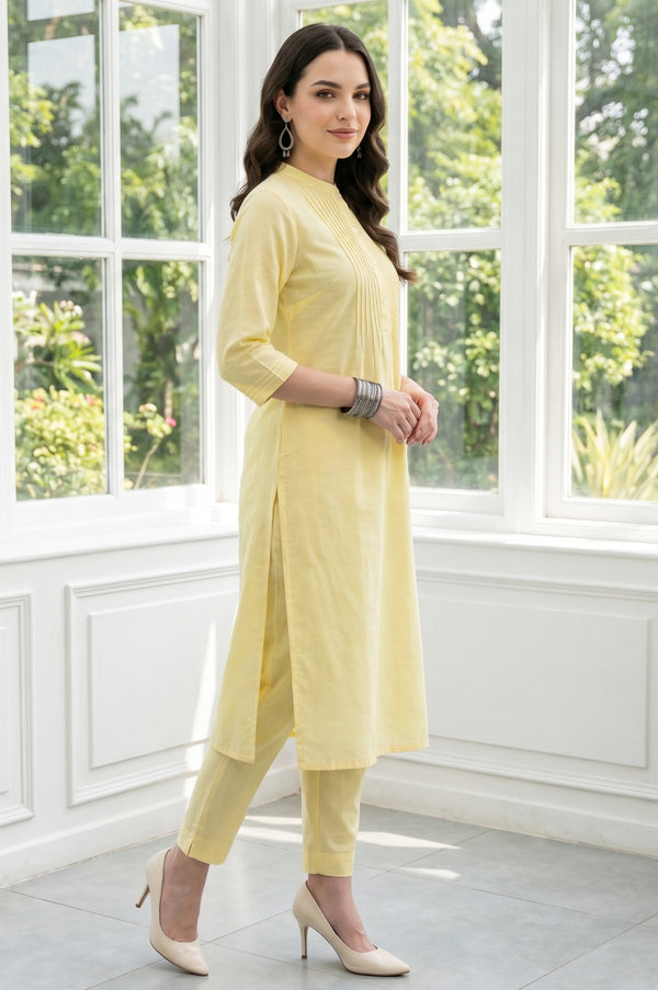 Light Yellow Solid Lyocell Linen Blend Straight Kurta
