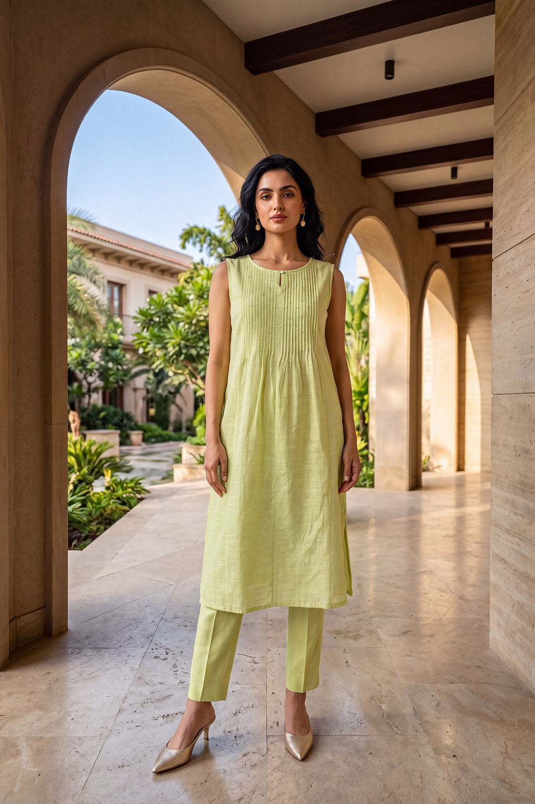 Lime Green Solid Pure Cotton Straight Fit Keyhole Neck Sleeveless Calf Length Kurta with Pintucks &amp; Beads