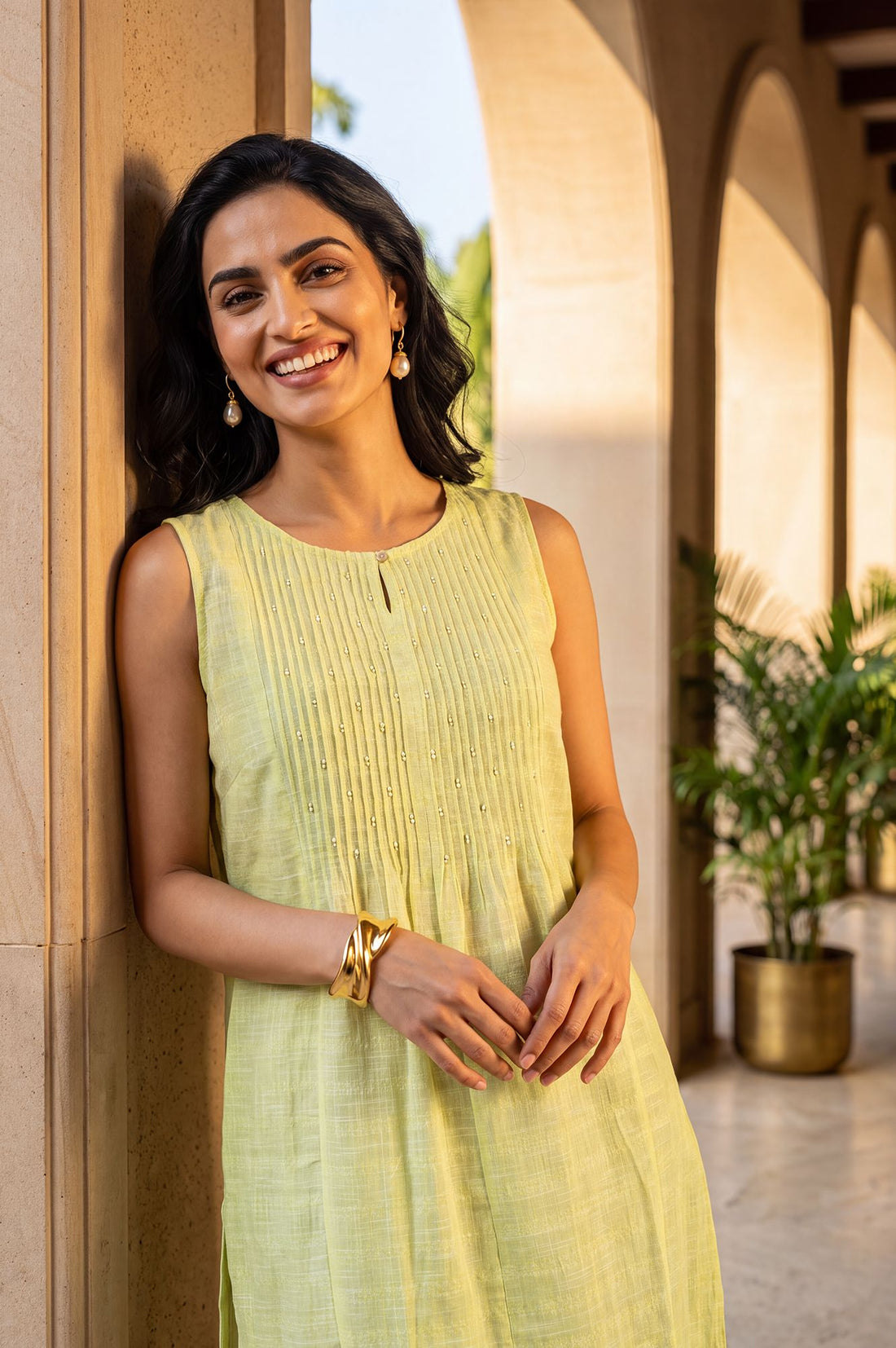 Lime Green Solid Pure Cotton Straight Fit Keyhole Neck Sleeveless Calf Length Kurta with Pintucks &amp; Beads