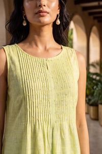Lime Green Solid Pure Cotton Straight Fit Keyhole Neck Sleeveless Calf Length Kurta with Pintucks &amp; Beads
